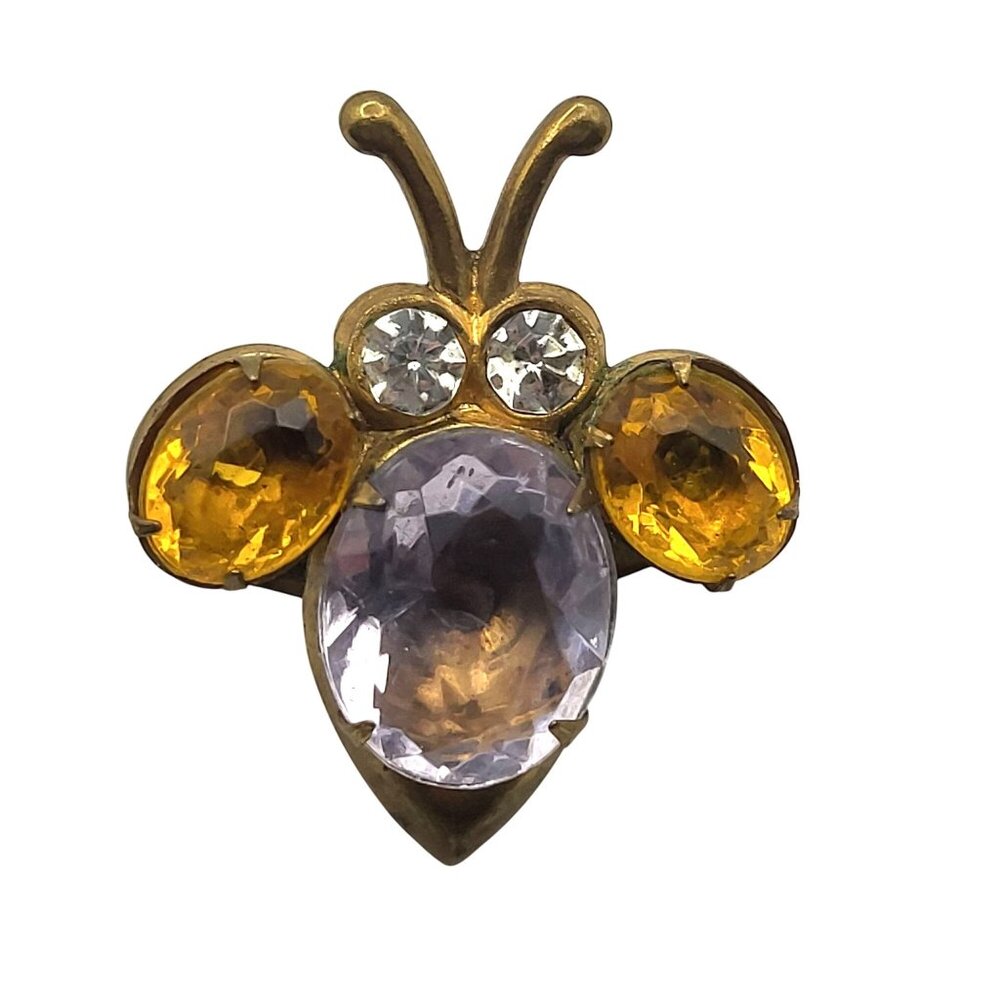 Vtg Jelly Belly Bee Shaped Brooch Rhinestone Details In Yellow & Purple On Brass